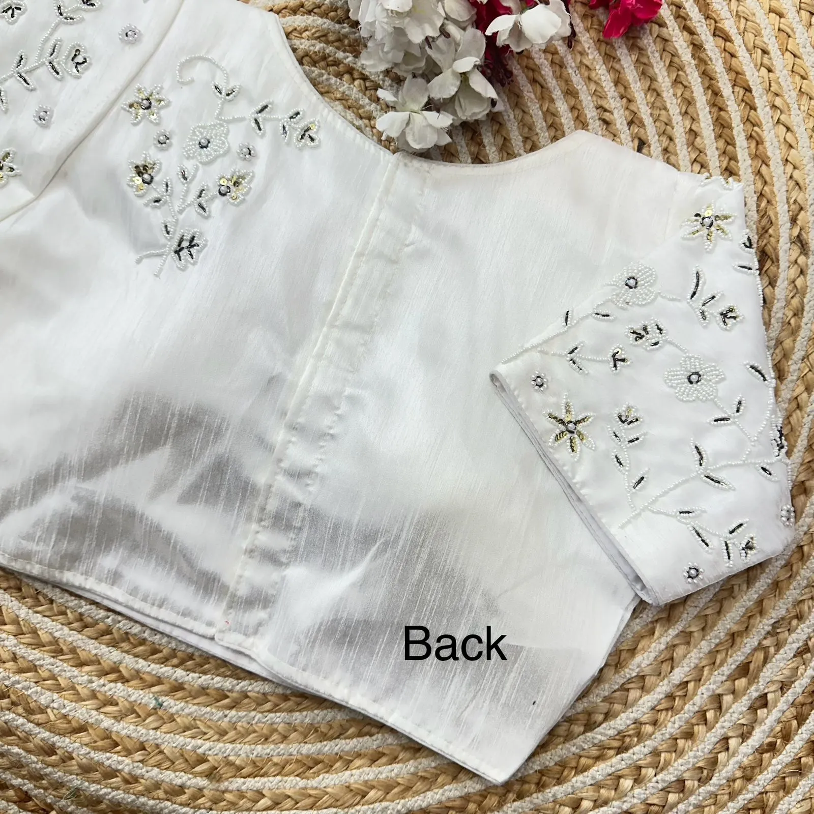 White Handcrafted Jilmil Silk Blouse with Intricate Embroidery