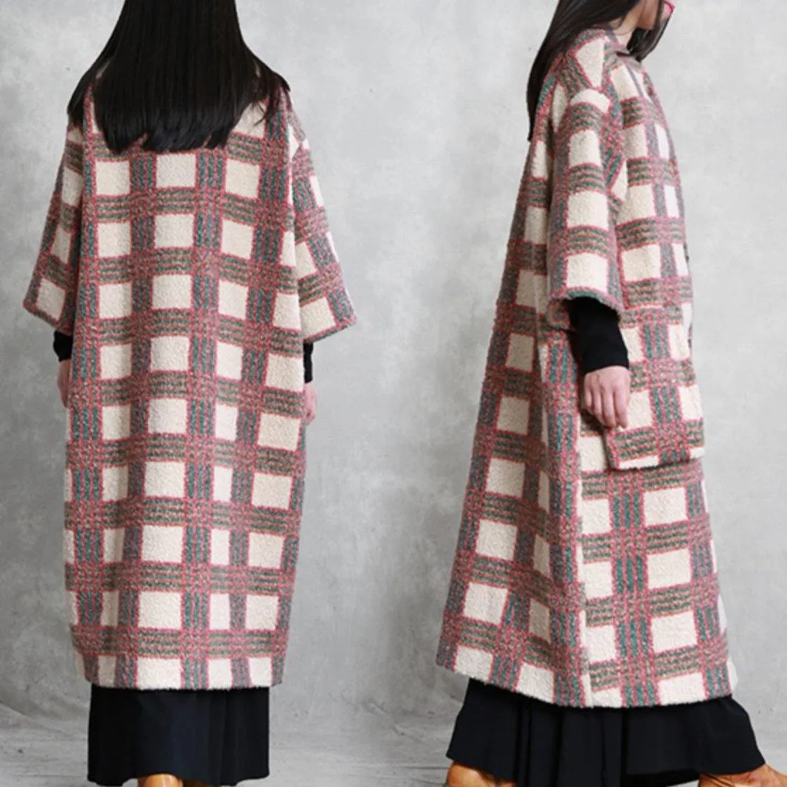 women casual trench coat coat nude plaid pockets Button wool coat for woman