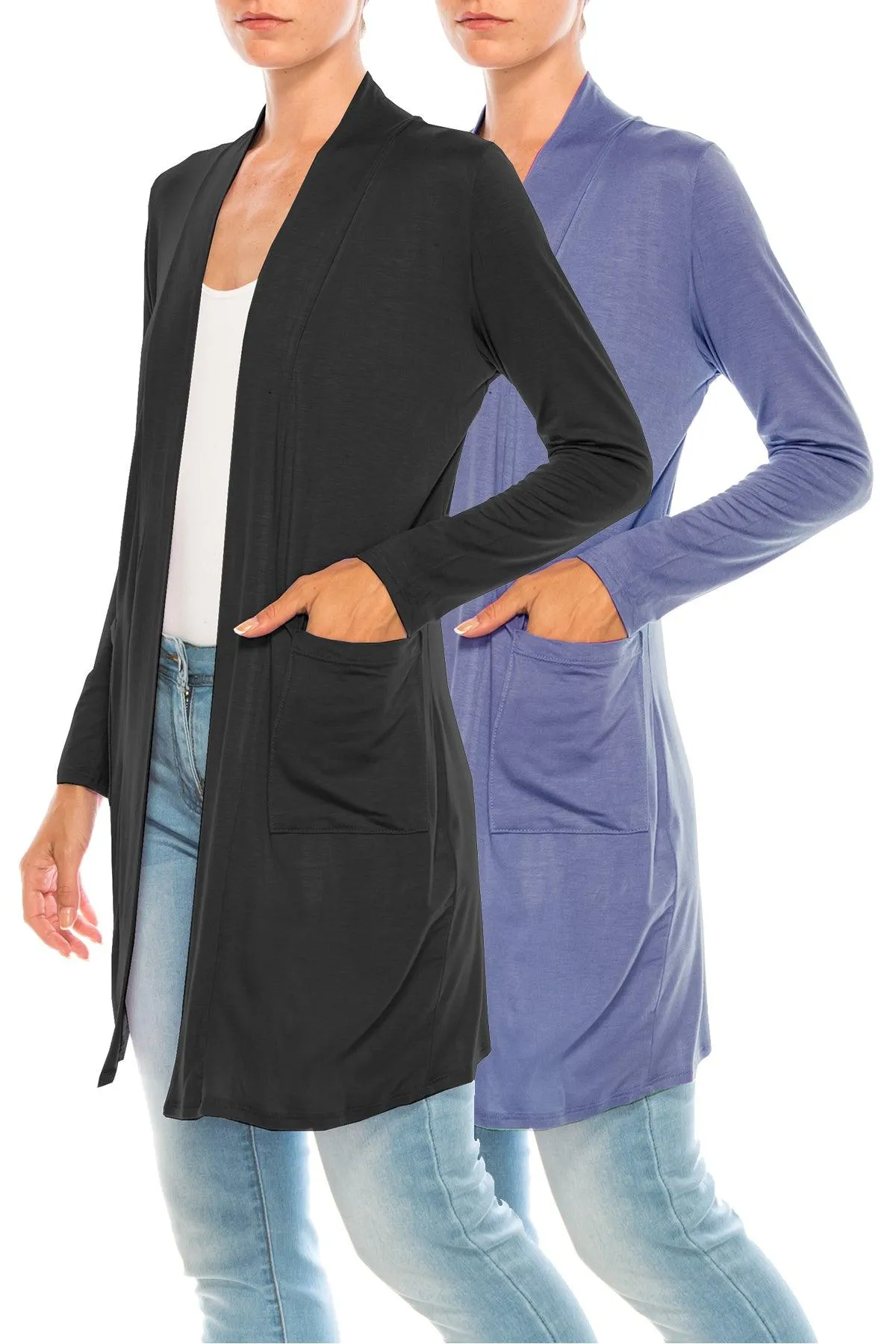 Women's Open Front Basic Long Sleeves Loose Fit Side Pockets Solid Cardigan 2 PACK