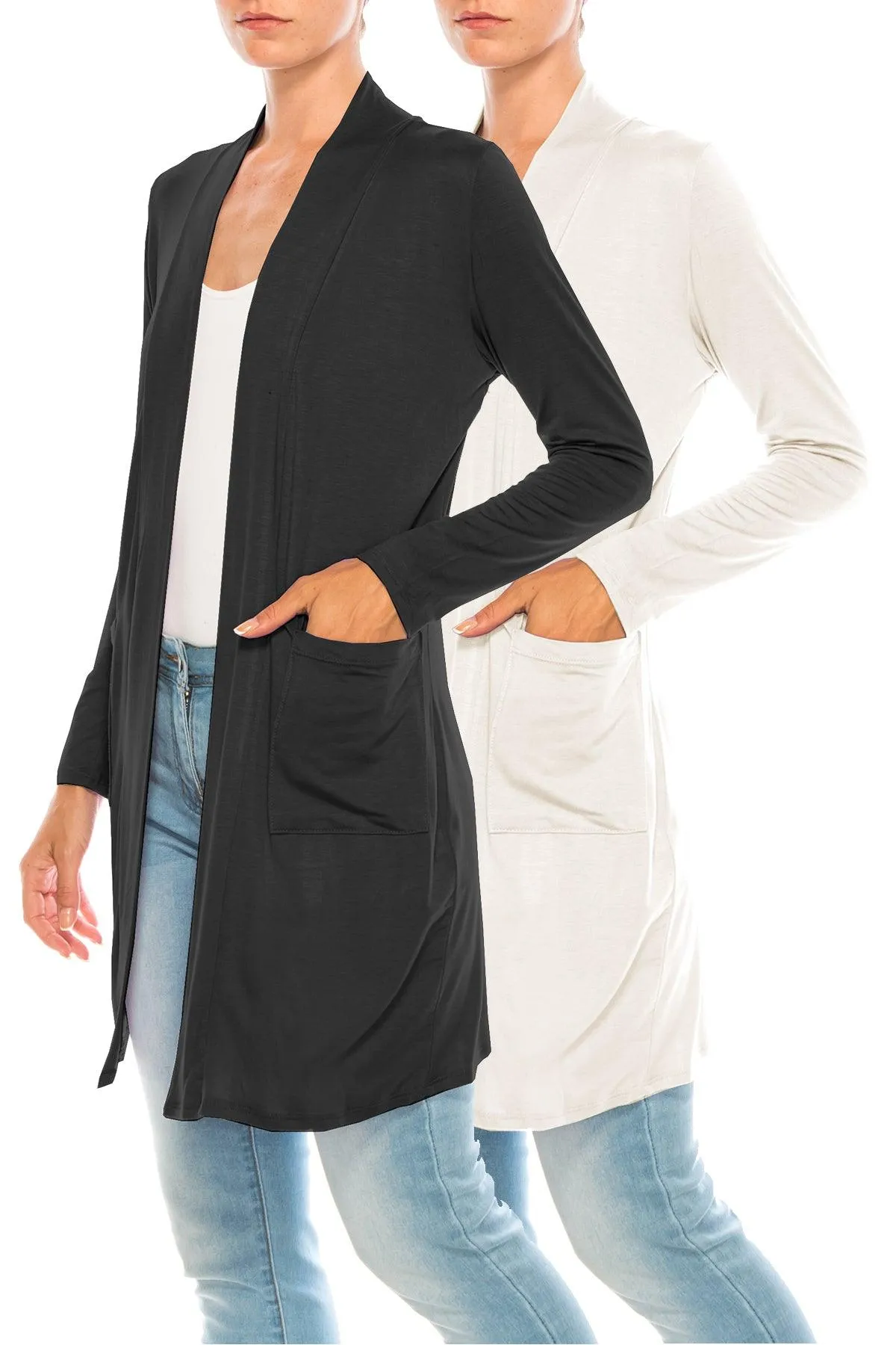 Women's Open Front Basic Long Sleeves Loose Fit Side Pockets Solid Cardigan 2 PACK