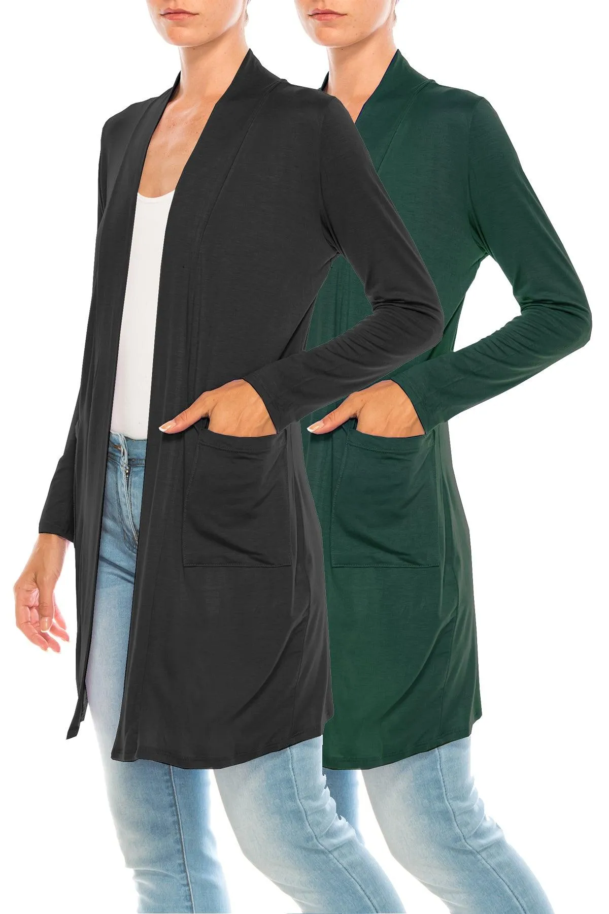 Women's Open Front Basic Long Sleeves Loose Fit Side Pockets Solid Cardigan 2 PACK