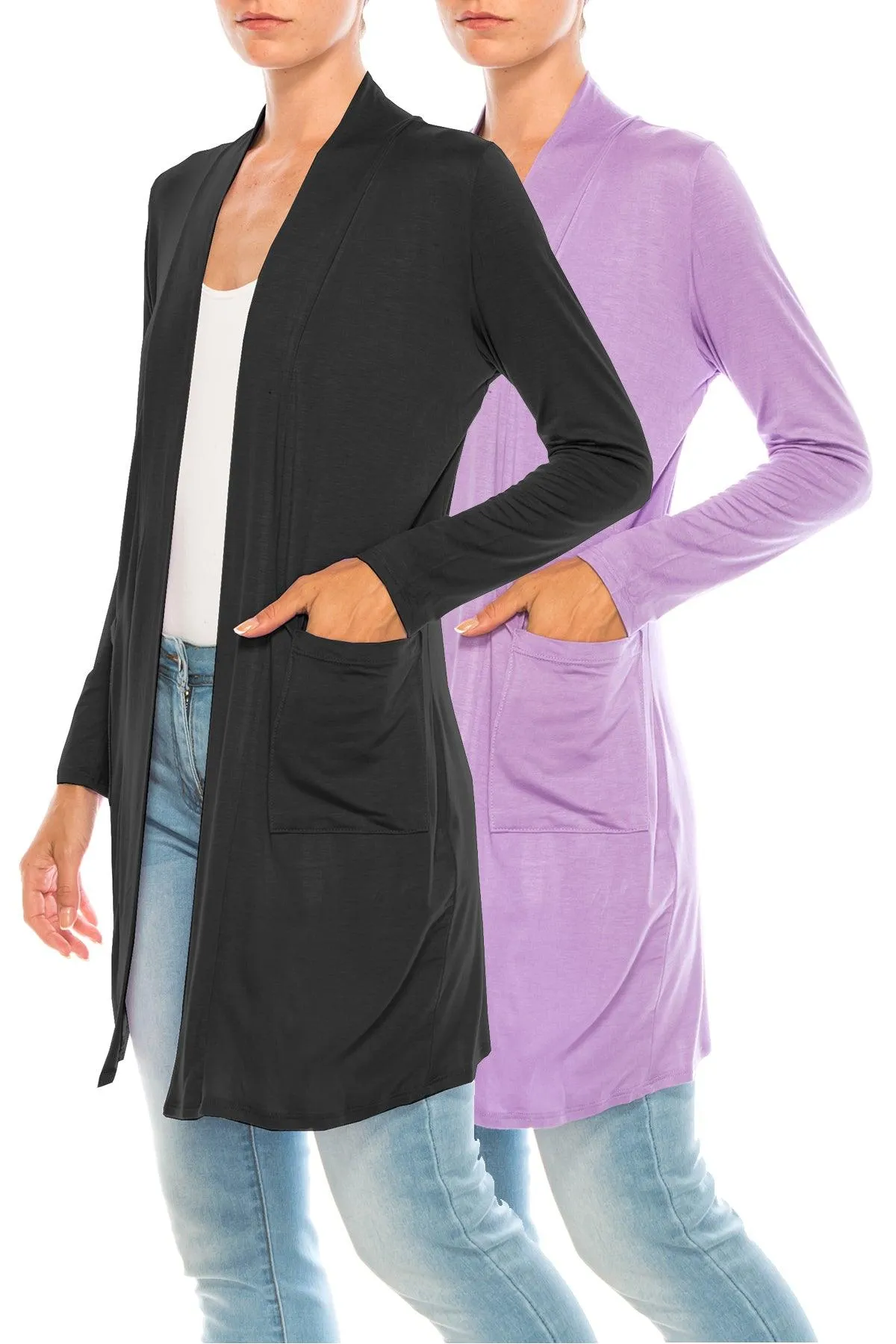 Women's Open Front Basic Long Sleeves Loose Fit Side Pockets Solid Cardigan 2 PACK