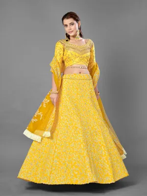 Yellow Art Silk Embroidered Semi Stitched Lehenga With Unstitched Blouse