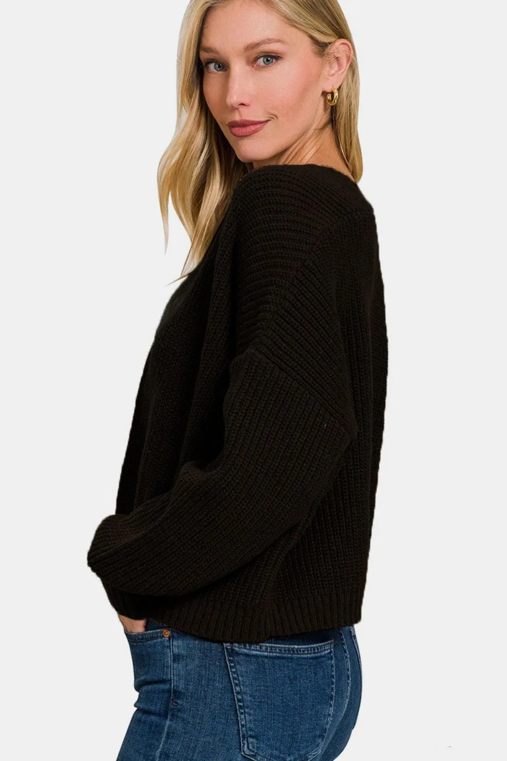 Zenana Black Cardigan Open Front Drop Shoulder Sweater Long Sleeve