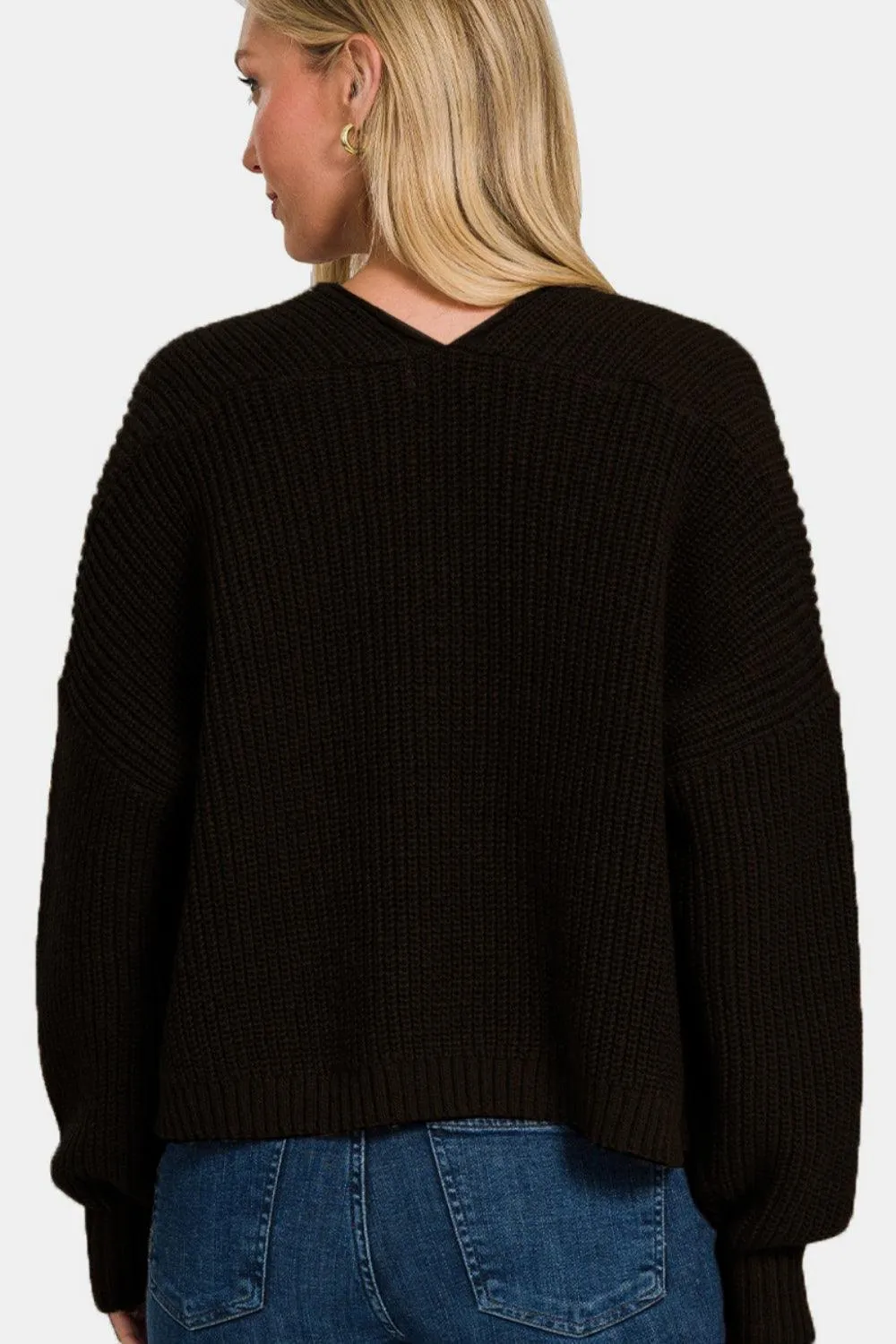 Zenana Black Cardigan Open Front Drop Shoulder Sweater Long Sleeve