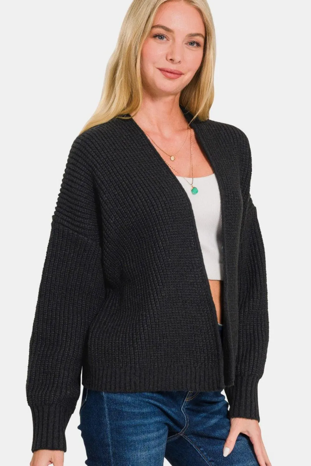 Zenana Black Cardigan Open Front Drop Shoulder Sweater Long Sleeve